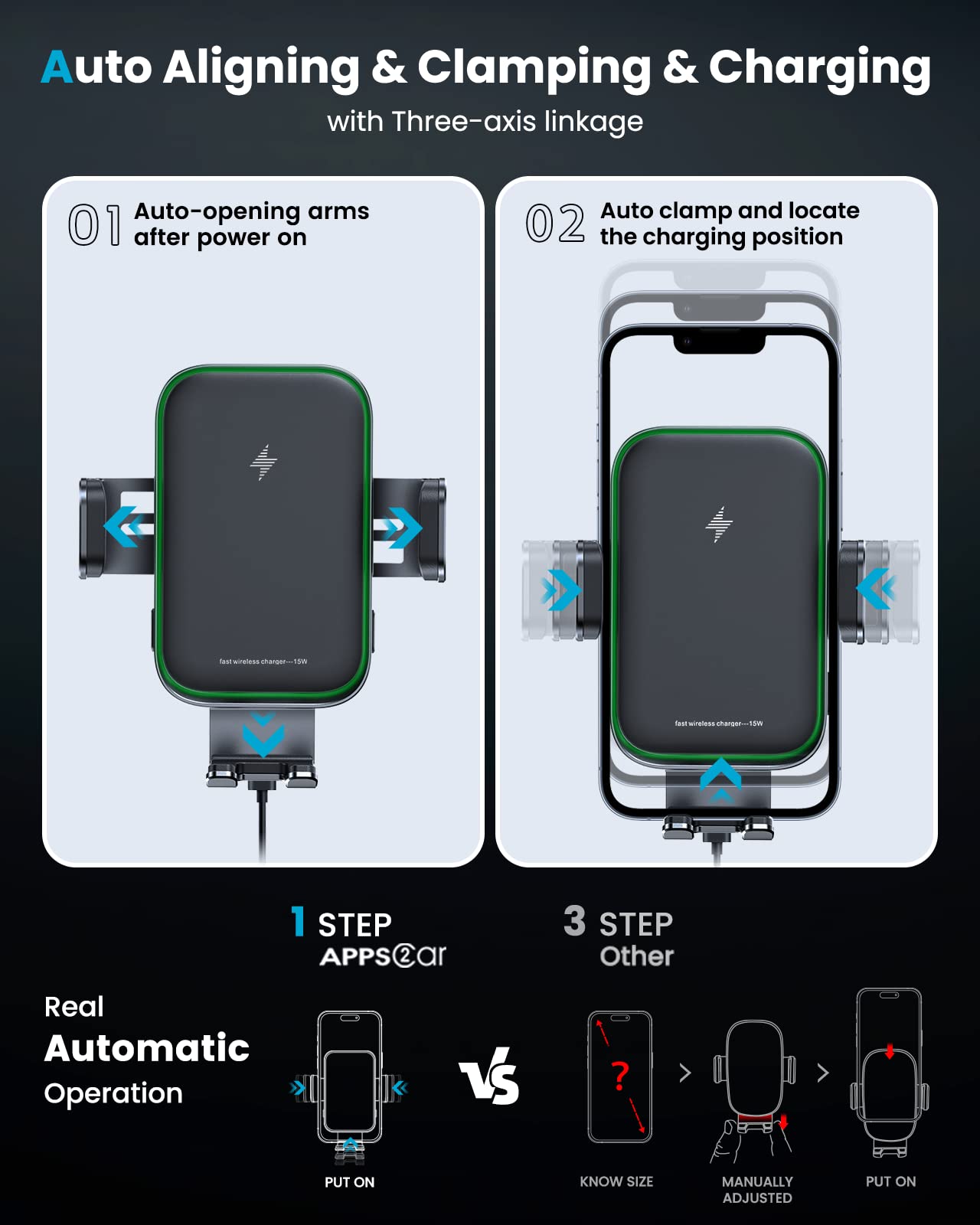 15W Auto-Clamping Wireless Car Charger Mount