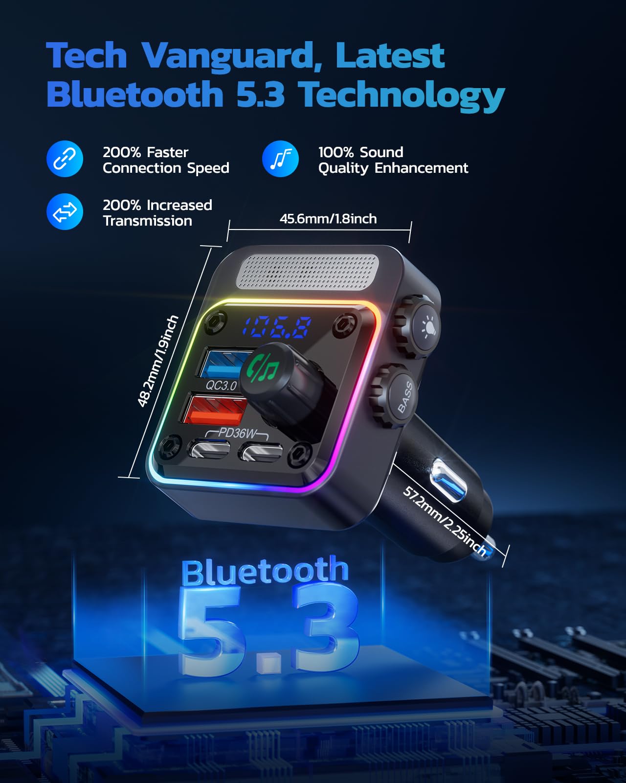 54W Bluetooth FM Transmitter Car Charger