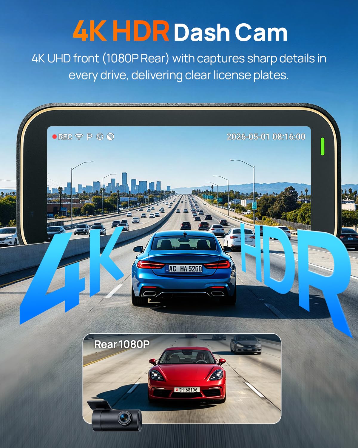 4K Front & Rear Dash Cam with LTE Remote Access & GPS