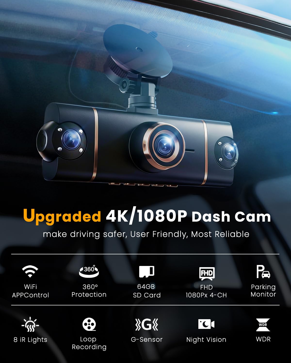 4-Channel 360° 4K Dash Cam with WiFi & IR Night Vision