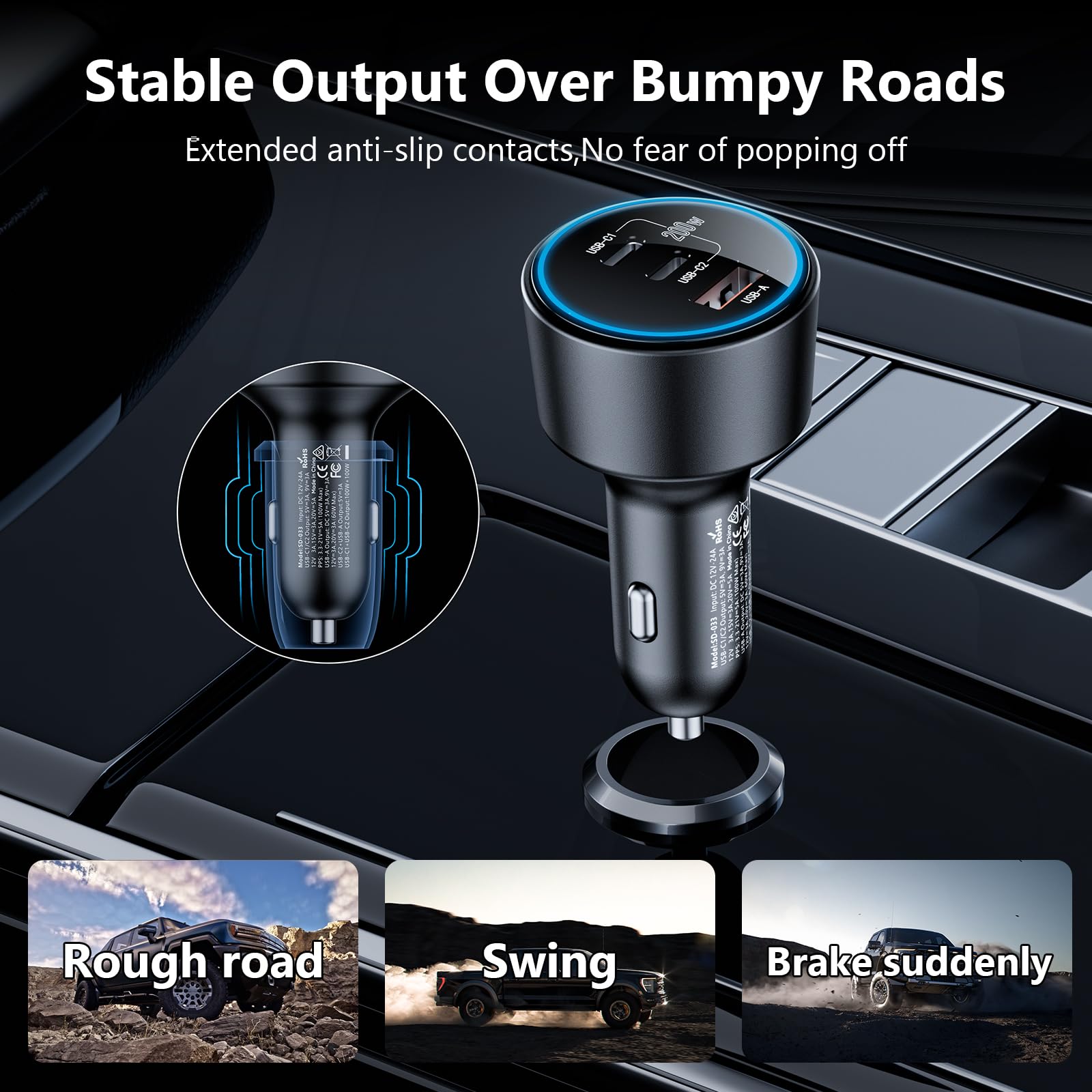 200W USB-C Car Charger with 3 Ports