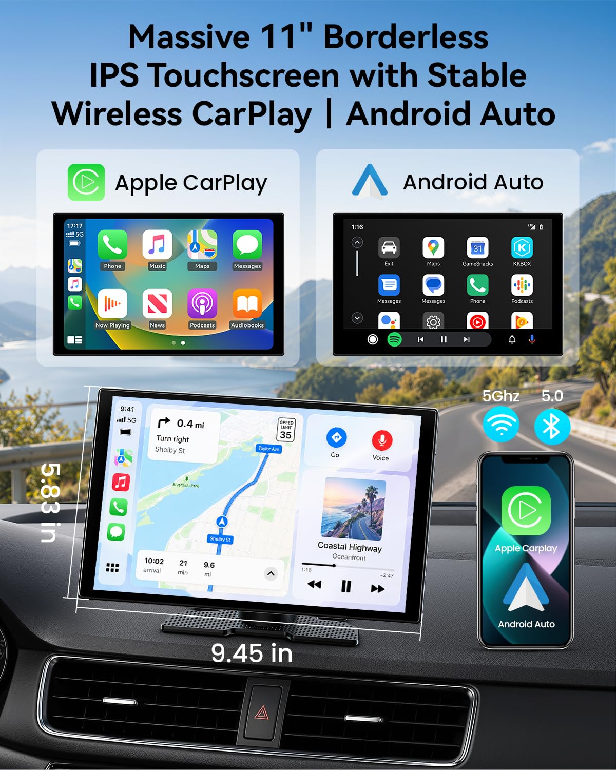 11" Wireless CarPlay Screen with 4K Dash Cam