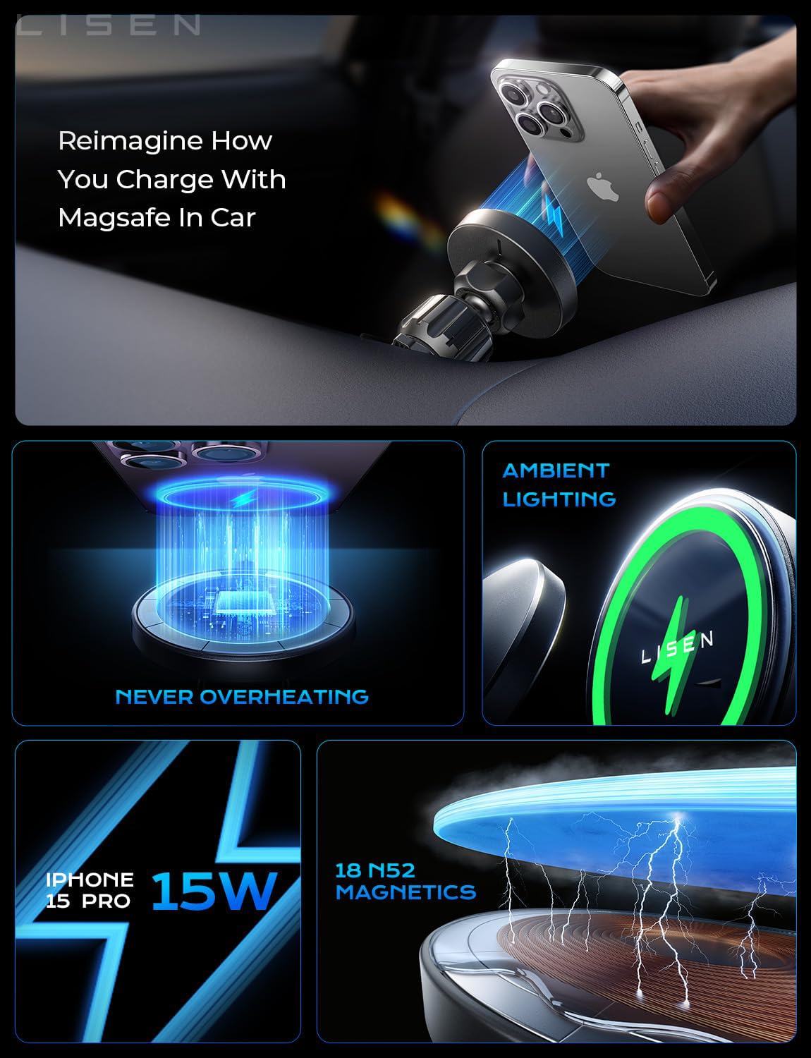 15W Magnetic Wireless Car Charger Mount
