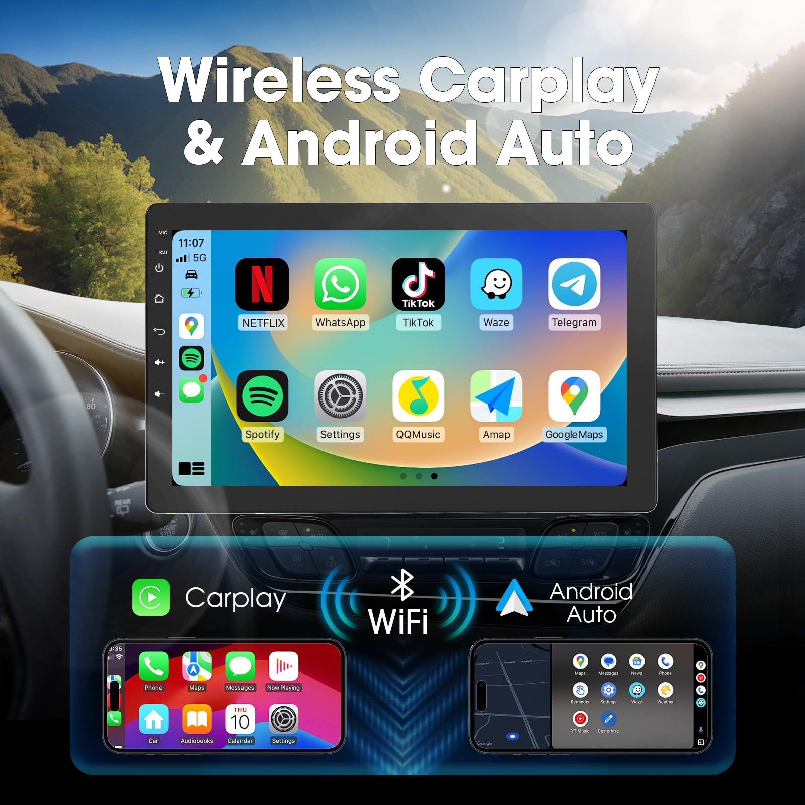 10.1" Single DIN Car Stereo with Wireless CarPlay & Android Auto