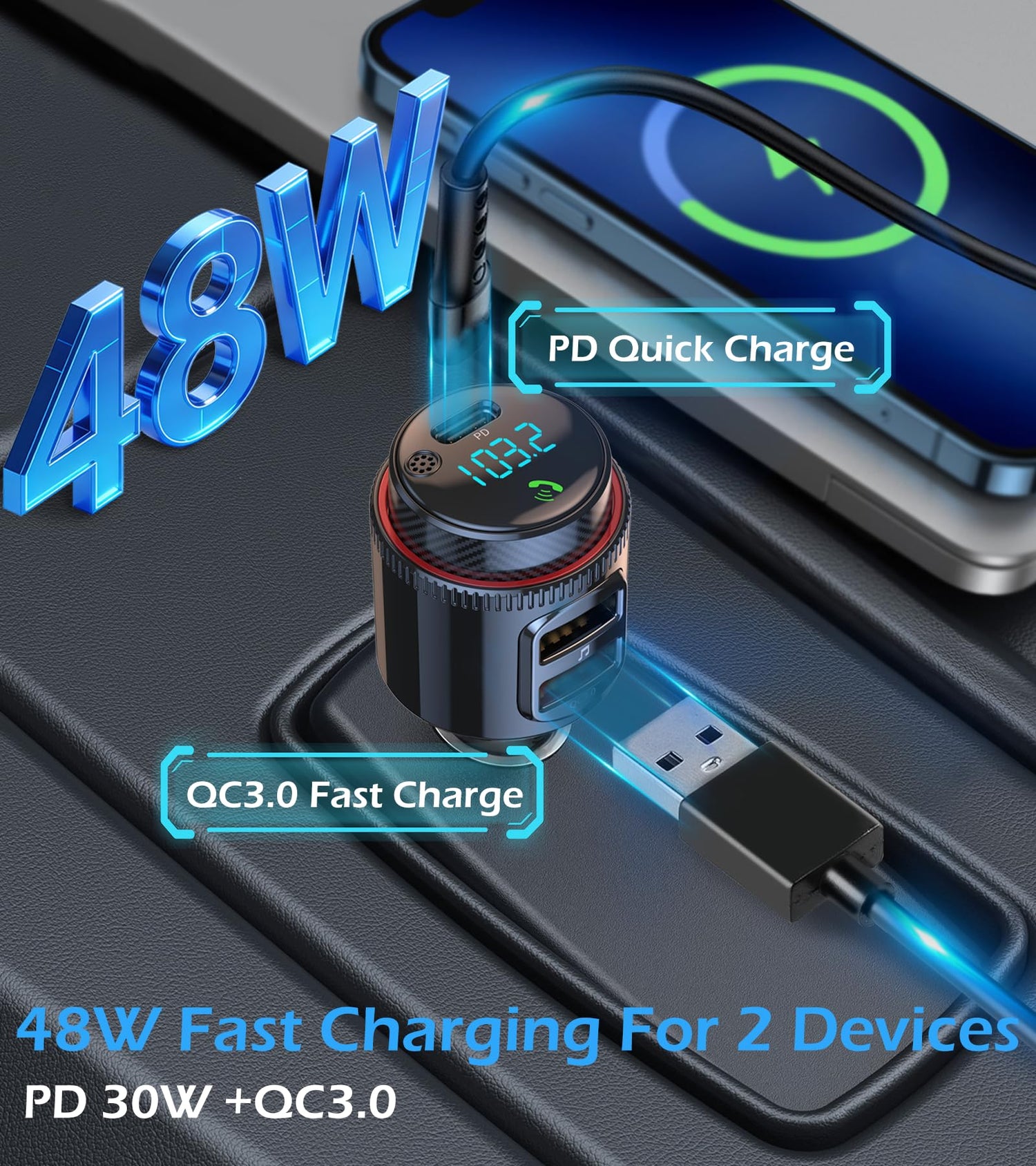 48W Bluetooth FM Transmitter with Fast Charging