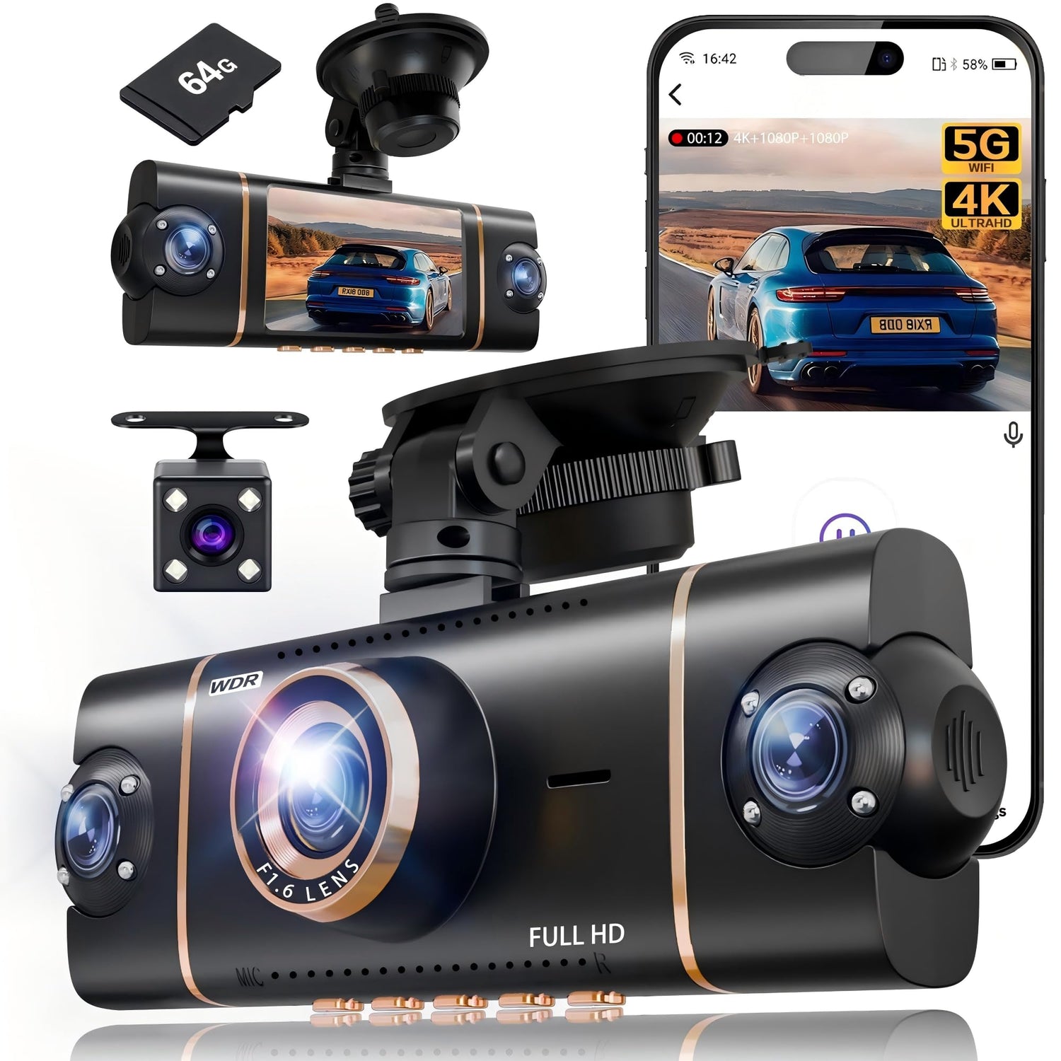 4-Channel 360° 4K Dash Cam with WiFi & IR Night Vision