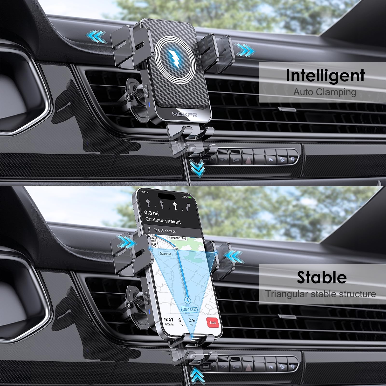 15W Auto-Clamping Wireless Car Charger Mount